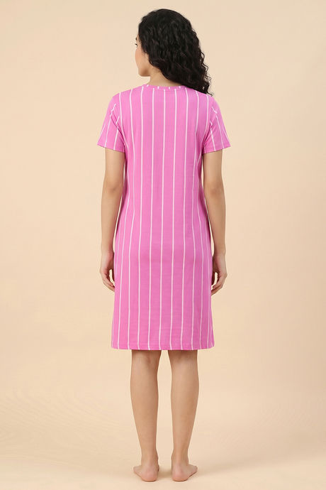 Zivame Thin Stripes Knit Cotton Knee Length Nightdress - Spring Crocus — image 3
